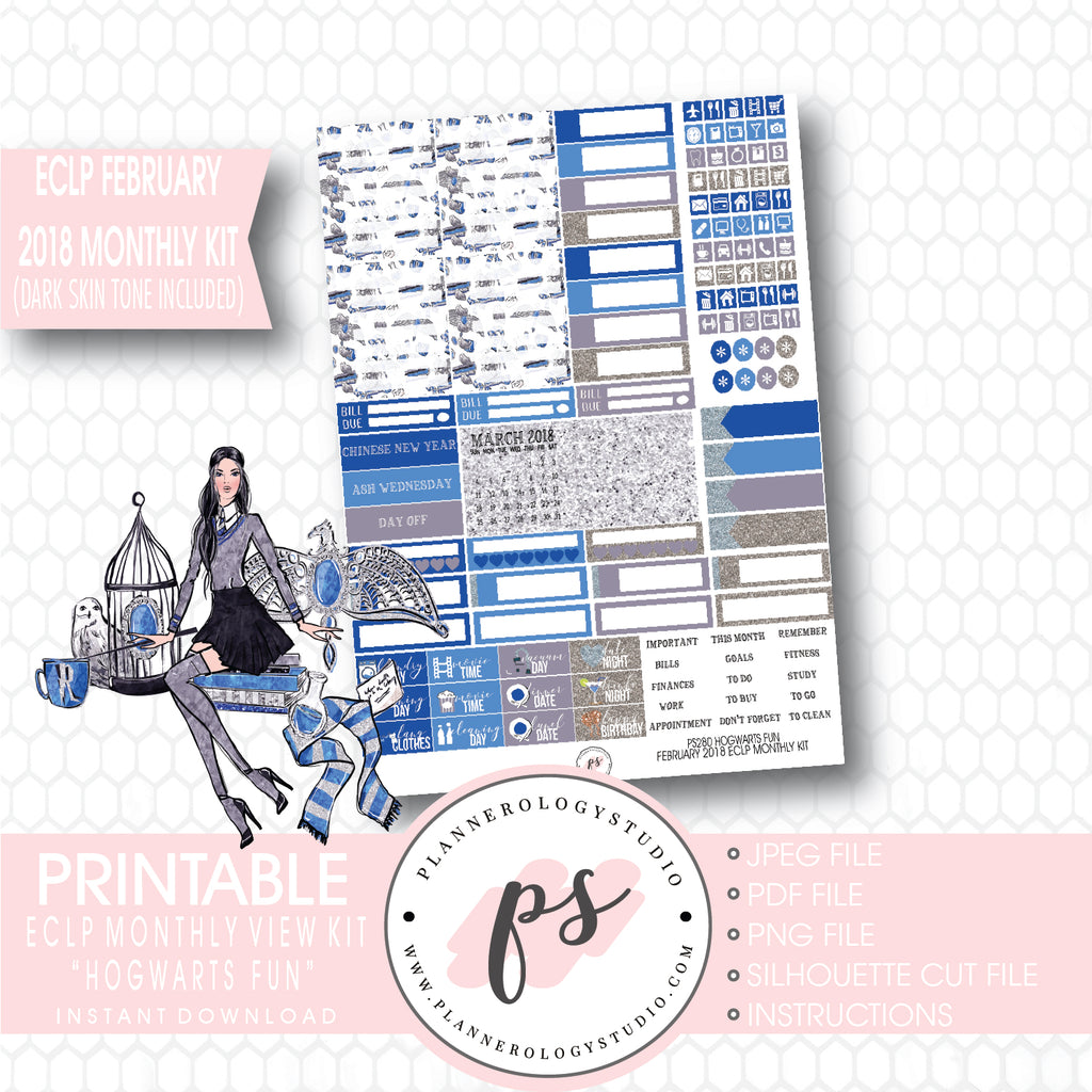 Hogwarts Fun (Harry Potter Theme) February 2018 Monthly View Kit Printable Planner Stickers (for use with ECLP) (Dark & Light Skintone) - Plannerologystudio
