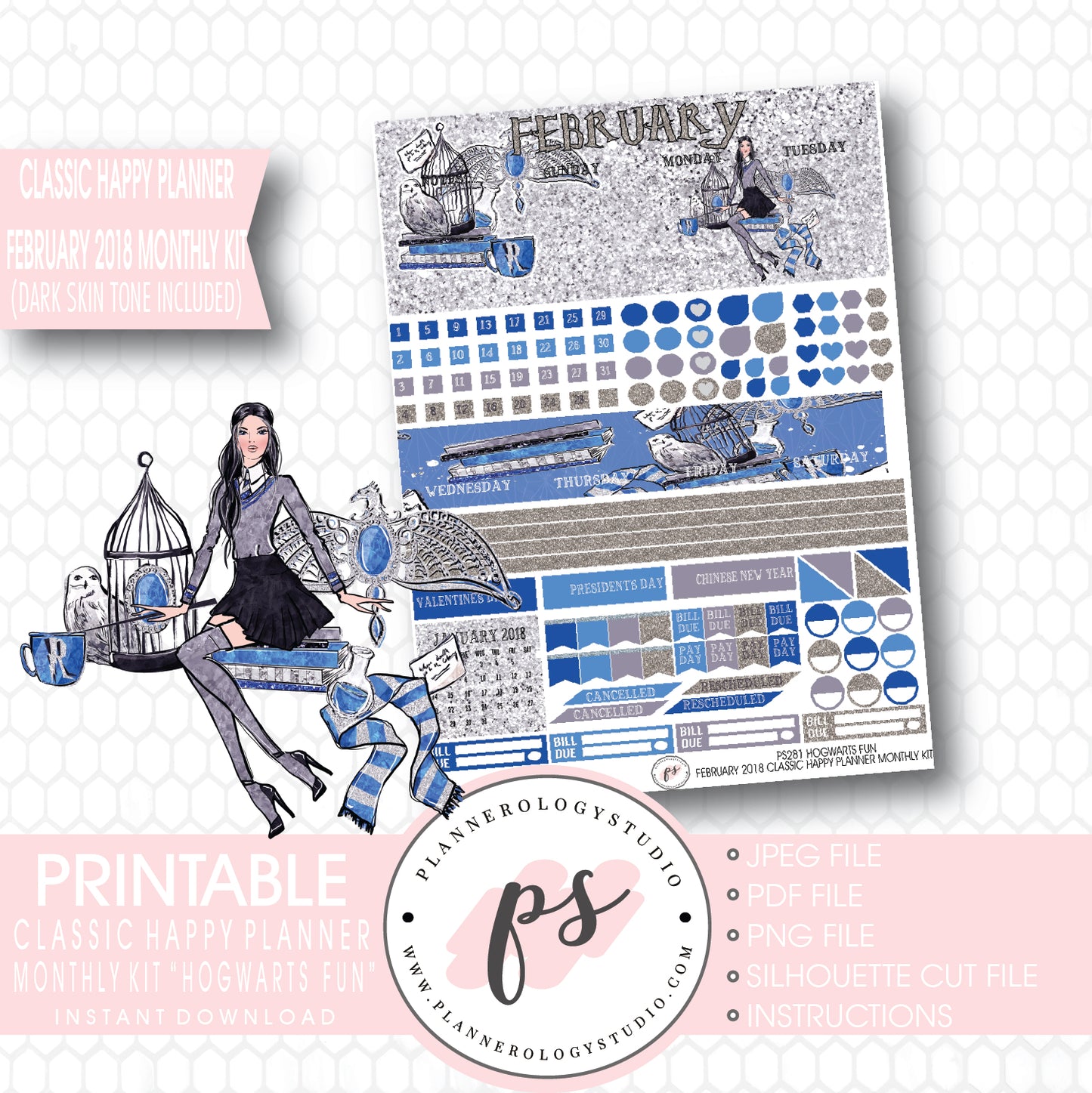 Hogwarts Fun (Harry Potter Theme) February 2018 Monthly View Kit Printable Planner Stickers (for use with Classic Happy Planner) (Dark & Light Skintone) - Plannerologystudio
