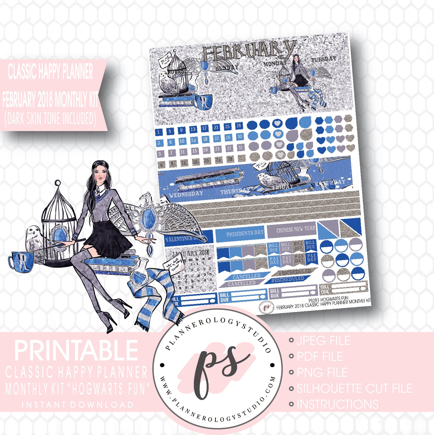 Hogwarts Fun (Harry Potter Theme) February 2018 Monthly View Kit Printable Planner Stickers (for use with Classic Happy Planner) (Dark & Light Skintone) - Plannerologystudio