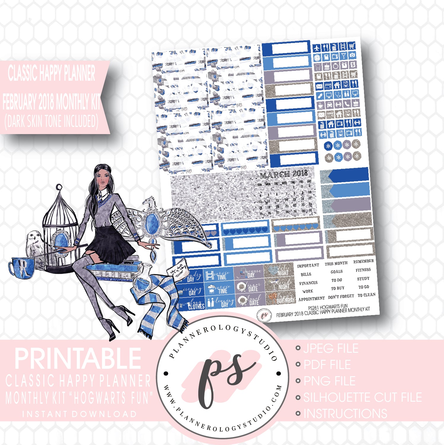 Hogwarts Fun (Harry Potter Theme) February 2018 Monthly View Kit Printable Planner Stickers (for use with Classic Happy Planner) (Dark & Light Skintone) - Plannerologystudio
