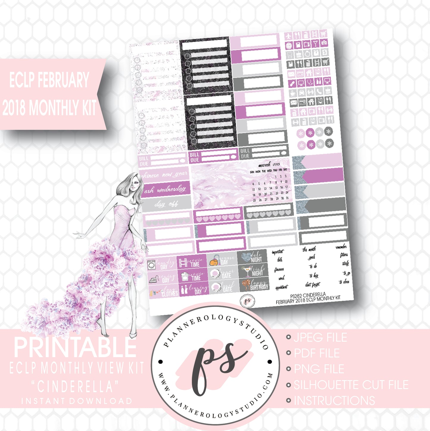 Cinderella February 2018 Monthly View Kit Printable Planner Stickers (for use with ECLP) - Plannerologystudio