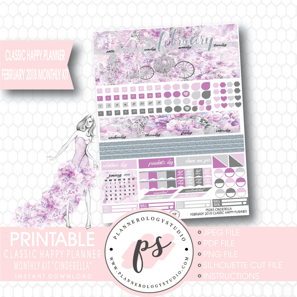Cinderella February 2018 Monthly View Kit Printable Planner Stickers (for use with Classic Happy Planner) - Plannerologystudio