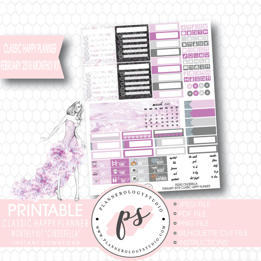 Cinderella February 2018 Monthly View Kit Printable Planner Stickers (for use with Classic Happy Planner) - Plannerologystudio