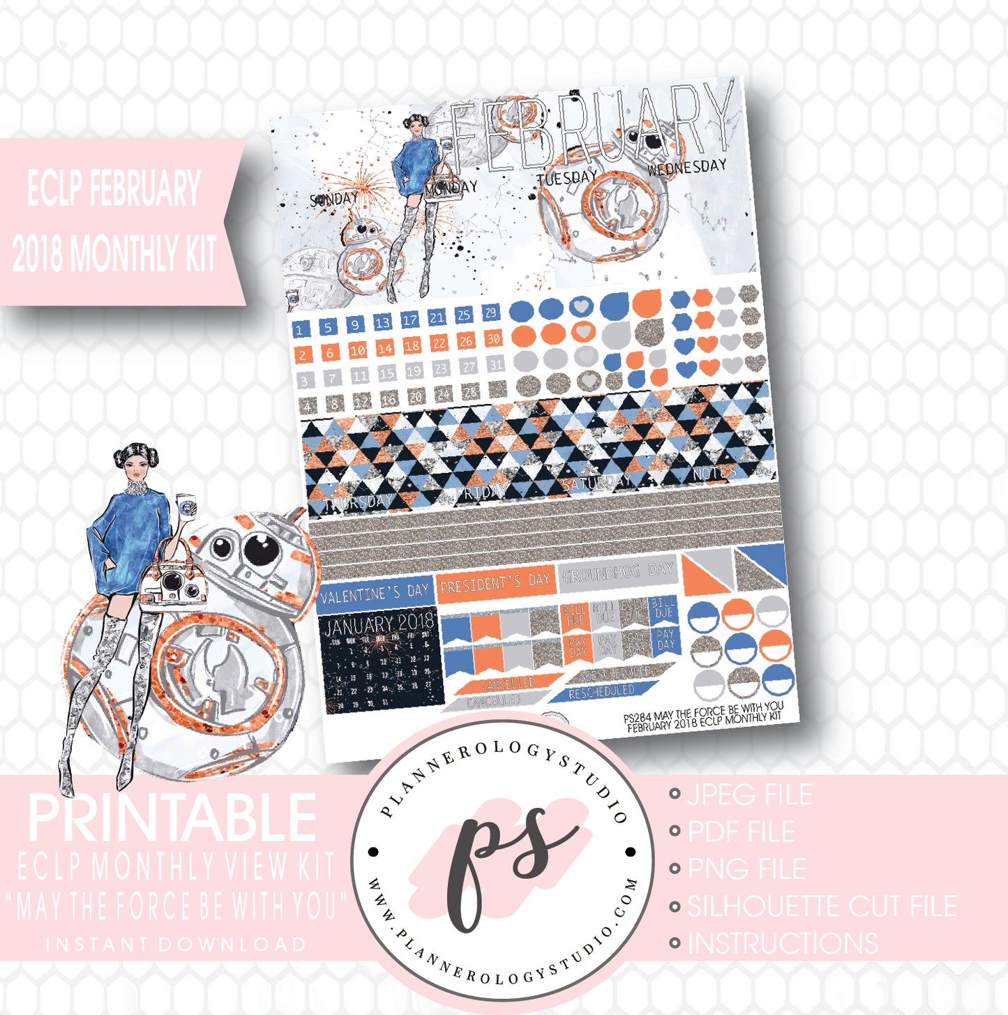 May the Force Be With You February 2018 Monthly View Kit Printable Planner Stickers (for use with ECLP) - Plannerologystudio