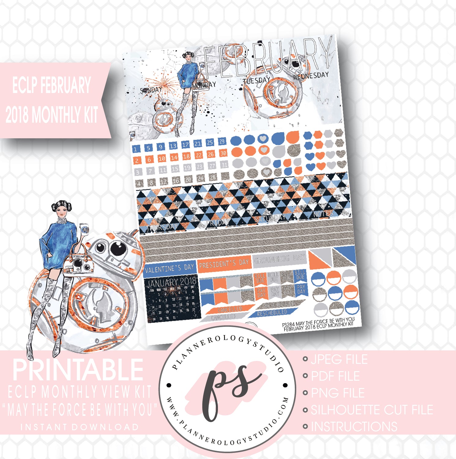 May the Force Be With You February 2018 Monthly View Kit Printable Planner Stickers (for use with ECLP) - Plannerologystudio