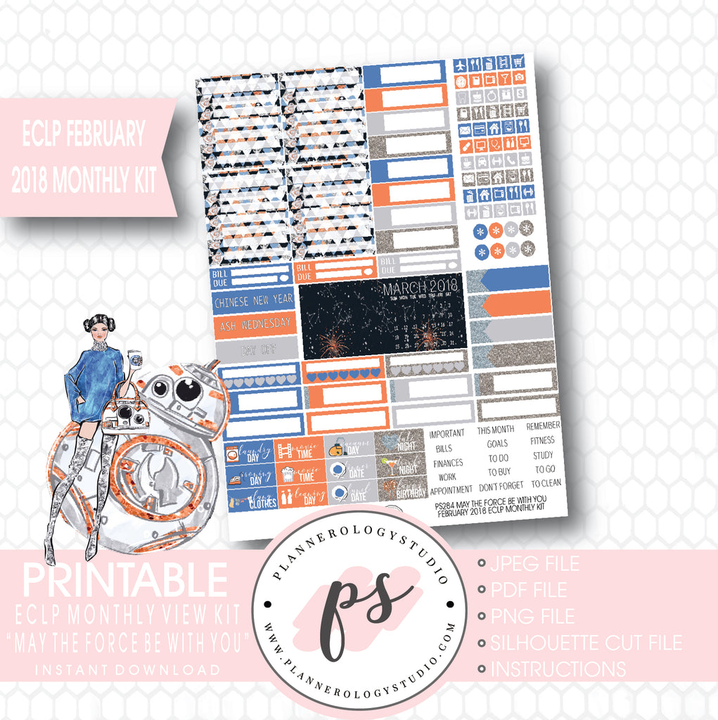 May the Force Be With You February 2018 Monthly View Kit Printable Planner Stickers (for use with ECLP) - Plannerologystudio