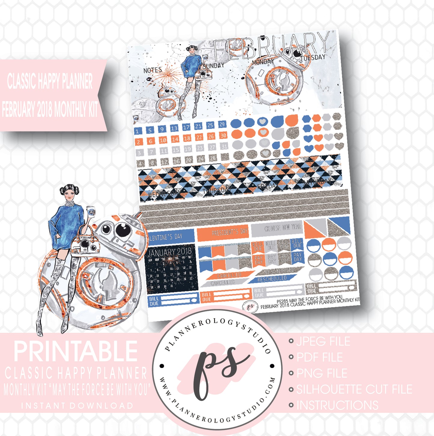 May the Force Be With You February 2018 Monthly View Kit Printable Planner Stickers (for use with Classic Happy Planner) - Plannerologystudio