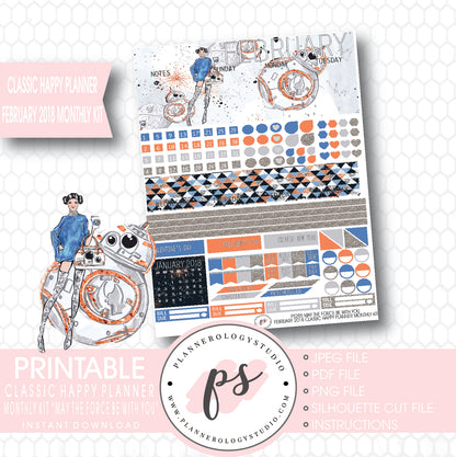 May the Force Be With You February 2018 Monthly View Kit Printable Planner Stickers (for use with Classic Happy Planner) - Plannerologystudio