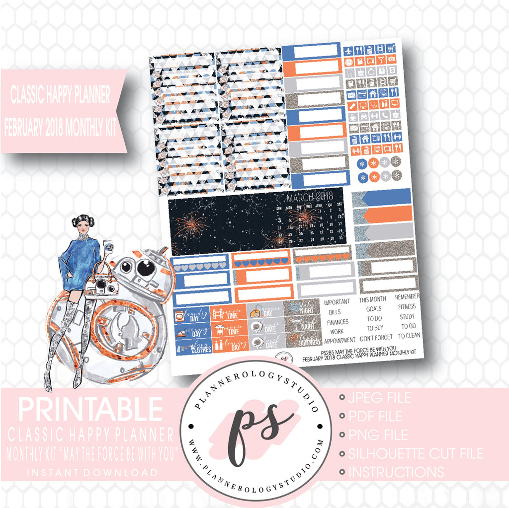 May the Force Be With You February 2018 Monthly View Kit Printable Planner Stickers (for use with Classic Happy Planner) - Plannerologystudio