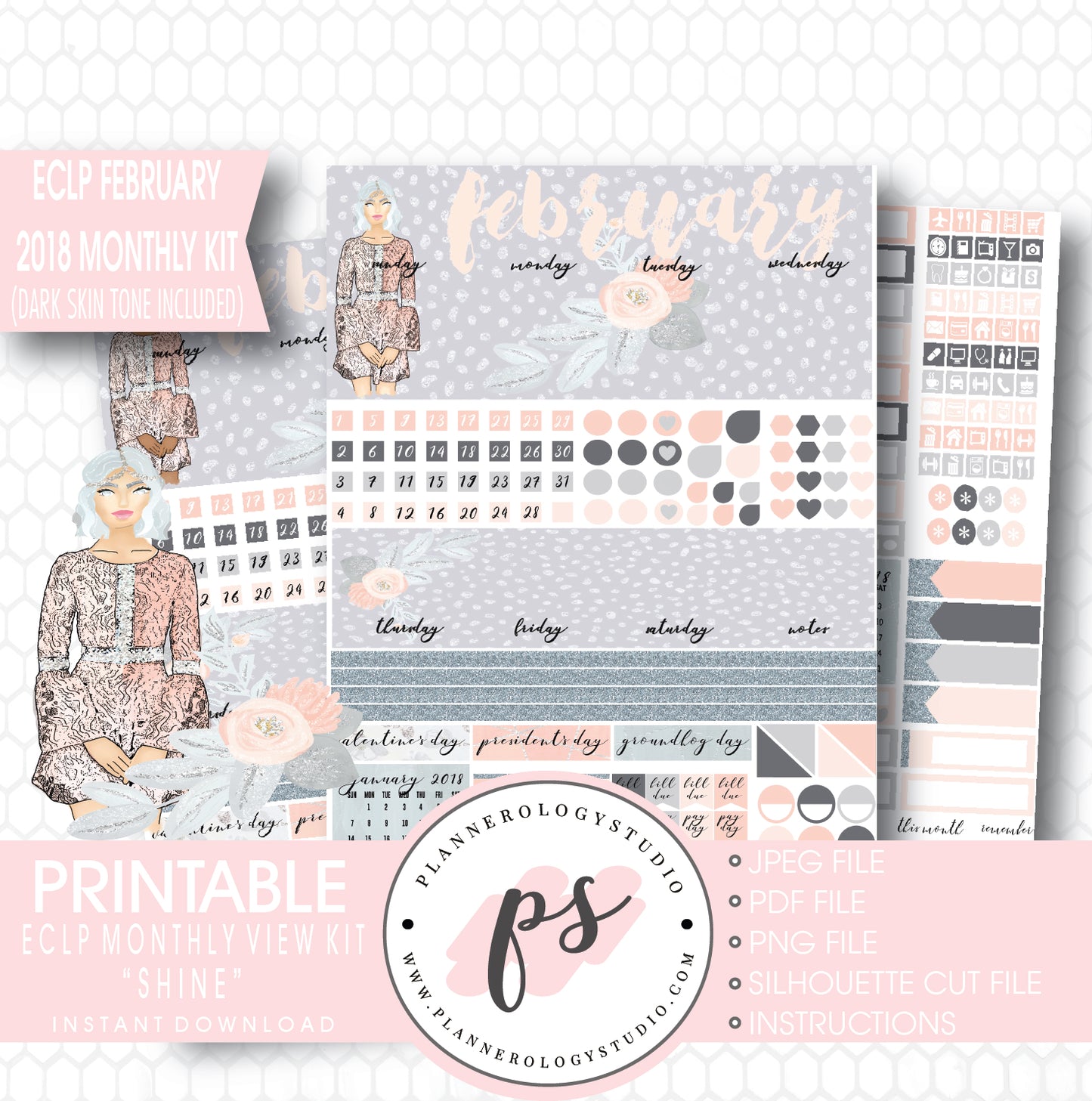 Shine February 2018 Monthly View Kit Printable Planner Stickers (for use with ECLP) (Dark & Light Skintone) - Plannerologystudio