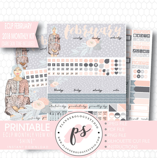 Shine February 2018 Monthly View Kit Printable Planner Stickers (for use with ECLP) (Dark & Light Skintone) - Plannerologystudio