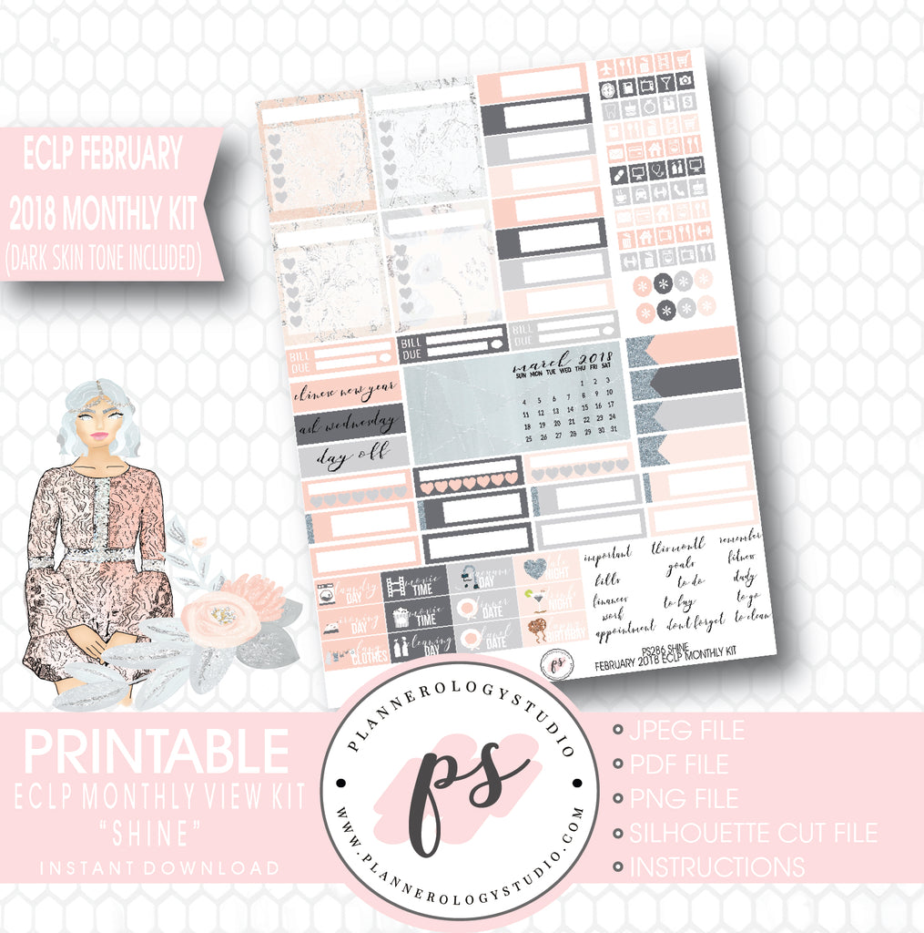 Shine February 2018 Monthly View Kit Printable Planner Stickers (for use with ECLP) (Dark & Light Skintone) - Plannerologystudio