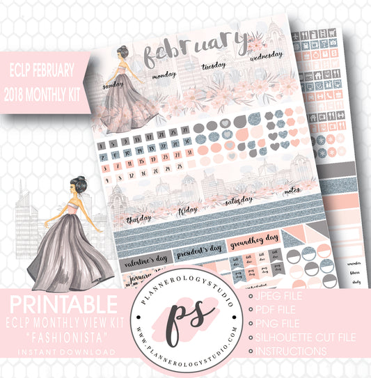 Fashionista February 2018 Monthly View Kit Printable Planner Stickers (for use with ECLP) - Plannerologystudio