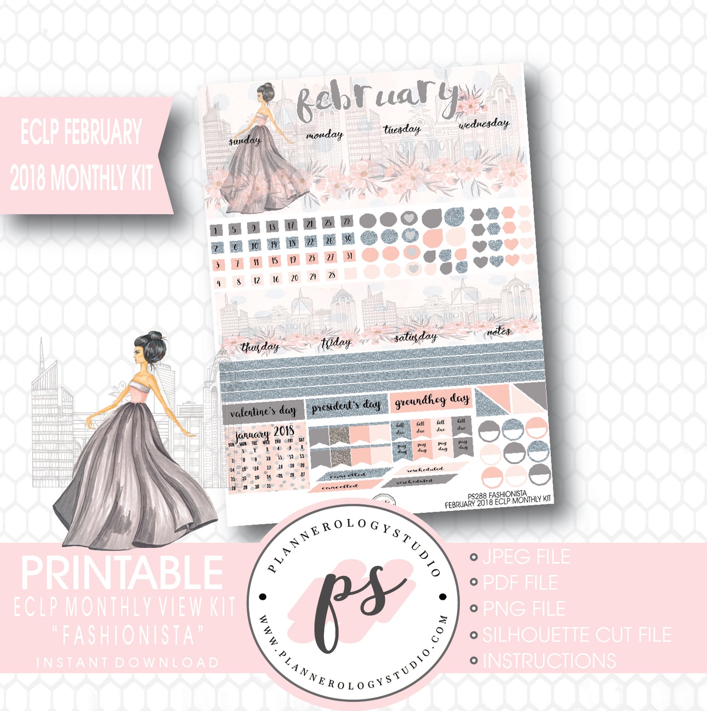 Fashionista February 2018 Monthly View Kit Printable Planner Stickers (for use with ECLP) - Plannerologystudio