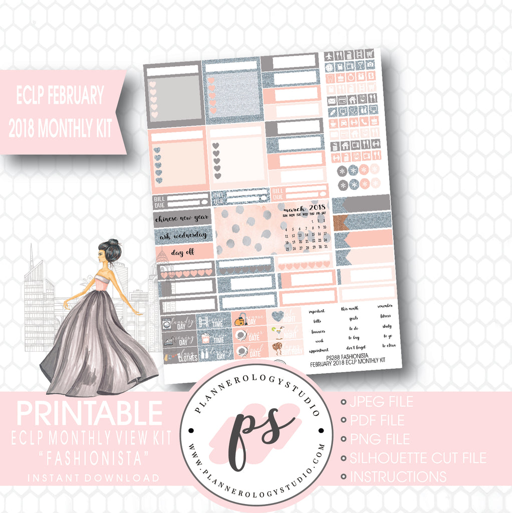 Fashionista February 2018 Monthly View Kit Printable Planner Stickers (for use with ECLP) - Plannerologystudio