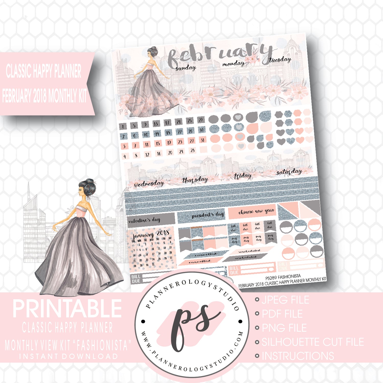 Fashionista February 2018 Monthly View Kit Digital Printable Planner Stickers (for use with Classic Happy Planner) - Plannerologystudio