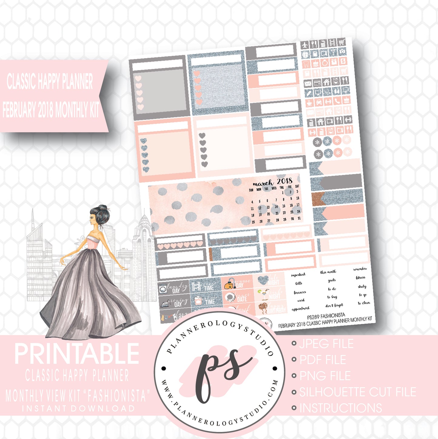 Fashionista February 2018 Monthly View Kit Digital Printable Planner Stickers (for use with Classic Happy Planner) - Plannerologystudio