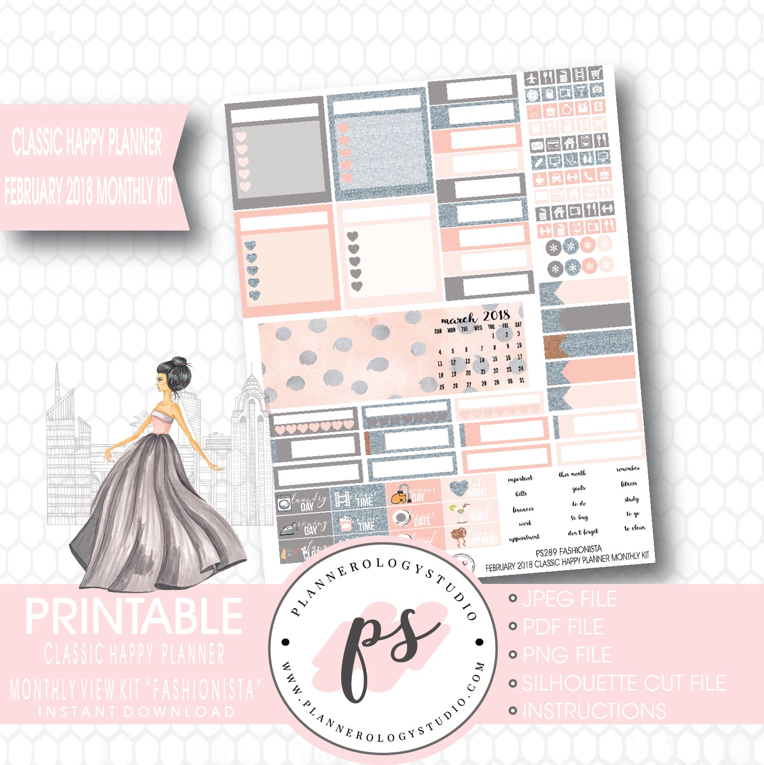 Fashionista February 2018 Monthly View Kit Digital Printable Planner Stickers (for use with Classic Happy Planner) - Plannerologystudio