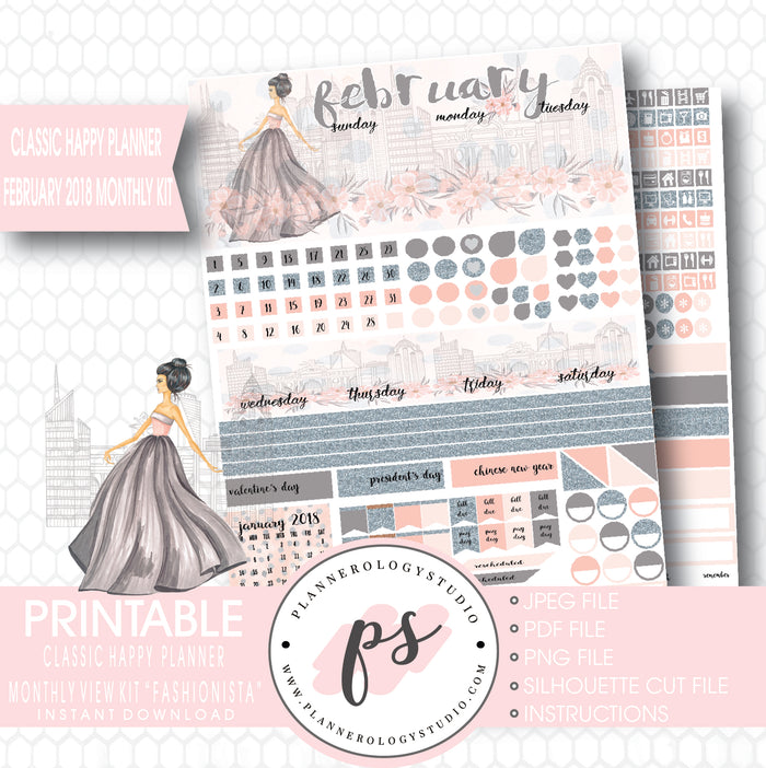 Fashionista February 2018 Monthly View Kit Digital Printable Planner Stickers (for use with Classic Happy Planner) - Plannerologystudio