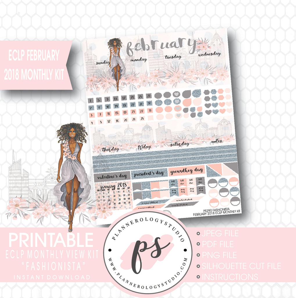 Fashionista (Dark Skin Tone) February 2018 Monthly View Kit Digital Printable Planner Stickers (for use with ECLP) - Plannerologystudio