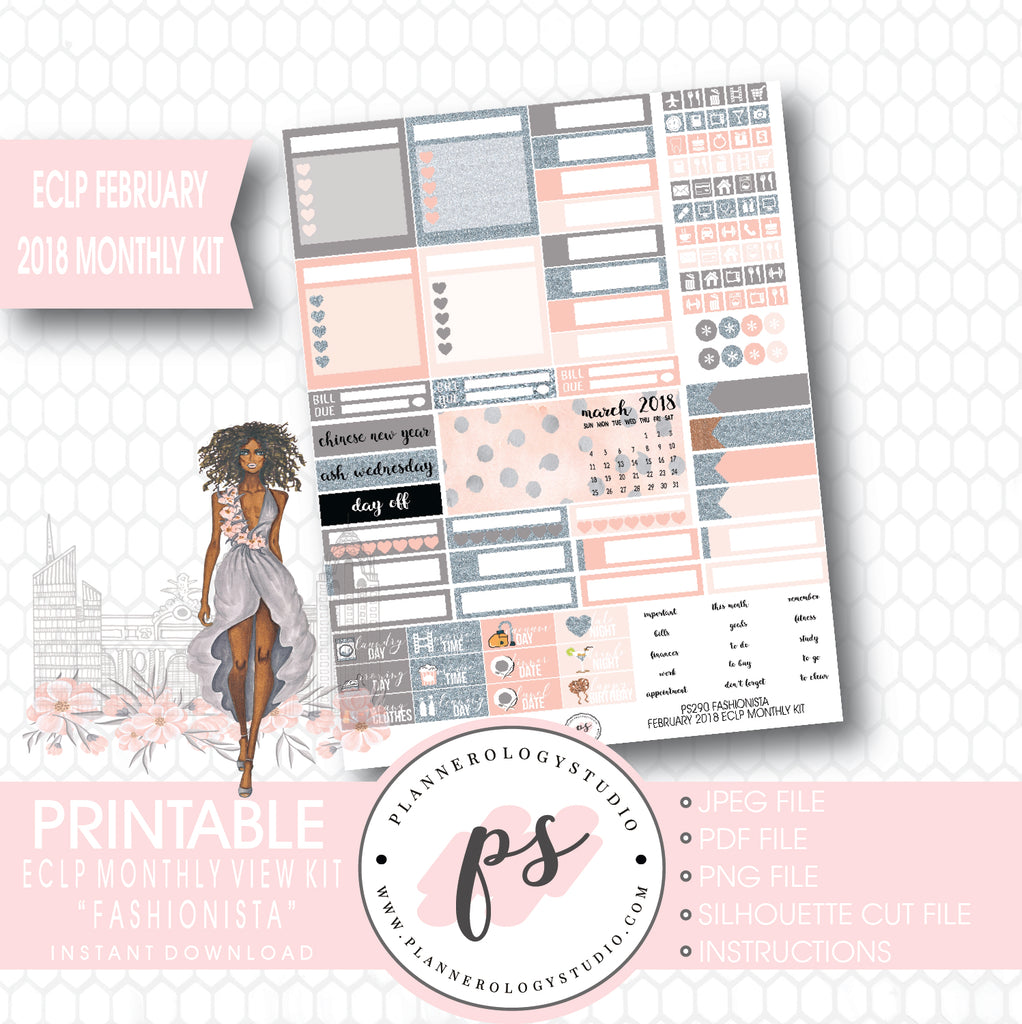Fashionista (Dark Skin Tone) February 2018 Monthly View Kit Digital Printable Planner Stickers (for use with ECLP) - Plannerologystudio