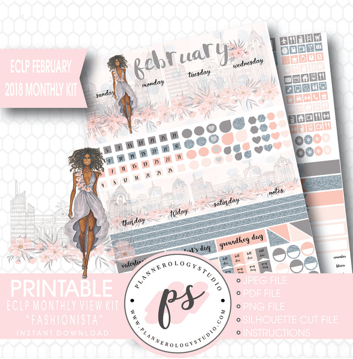 Fashionista (Dark Skin Tone) February 2018 Monthly View Kit Digital Printable Planner Stickers (for use with ECLP) - Plannerologystudio