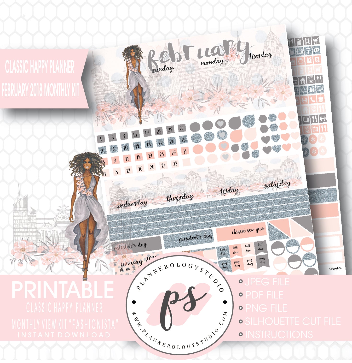 Fashionista (Dark Skin Tone) February 2018 Monthly View Kit Digital Printable Planner Stickers (for use with Classic Happy Planner) - Plannerologystudio