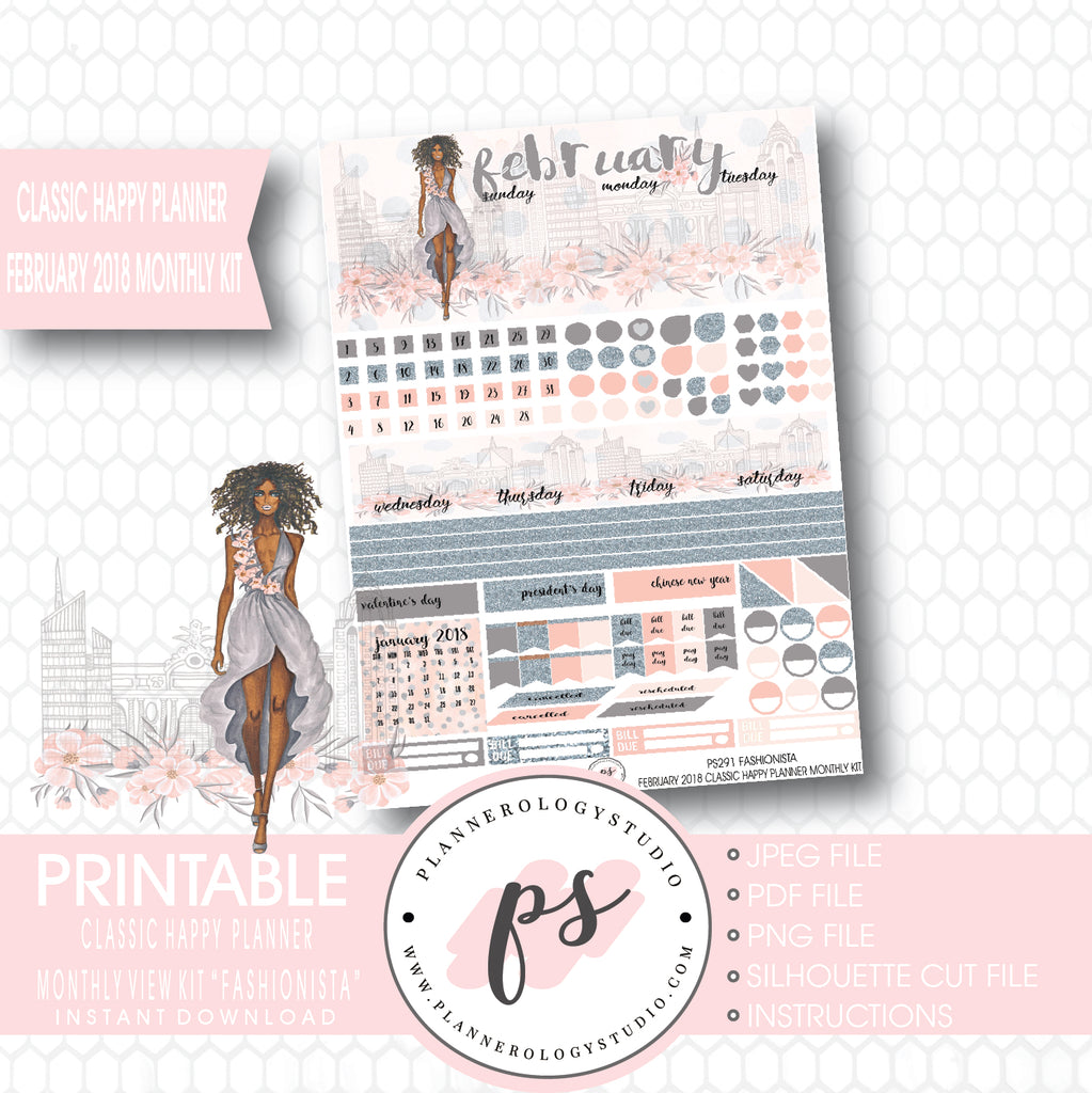 Fashionista (Dark Skin Tone) February 2018 Monthly View Kit Digital Printable Planner Stickers (for use with Classic Happy Planner) - Plannerologystudio