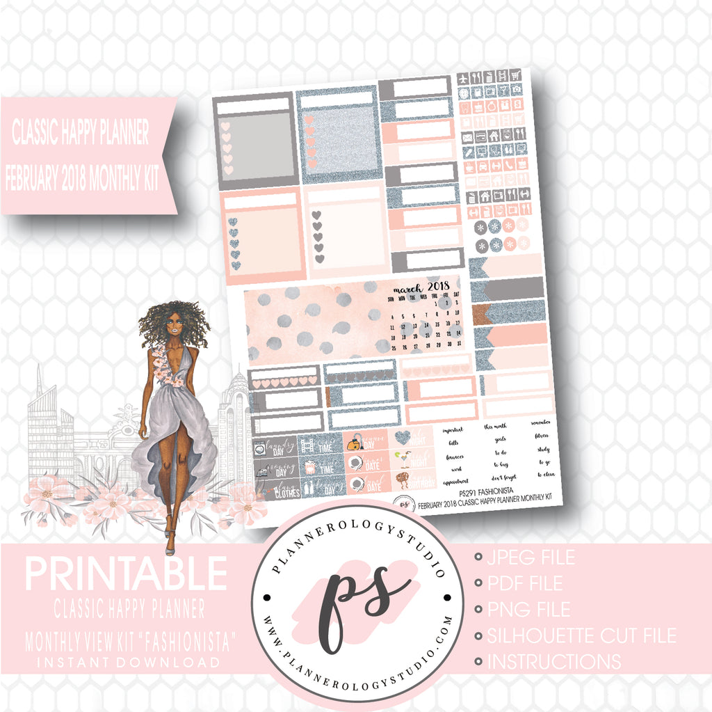 Fashionista (Dark Skin Tone) February 2018 Monthly View Kit Digital Printable Planner Stickers (for use with Classic Happy Planner) - Plannerologystudio