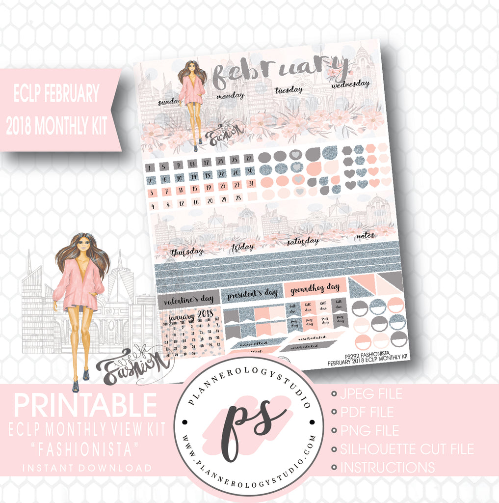 Fashionista February 2018 Monthly View Kit Digital Printable Planner Stickers (for use with ECLP) - Plannerologystudio