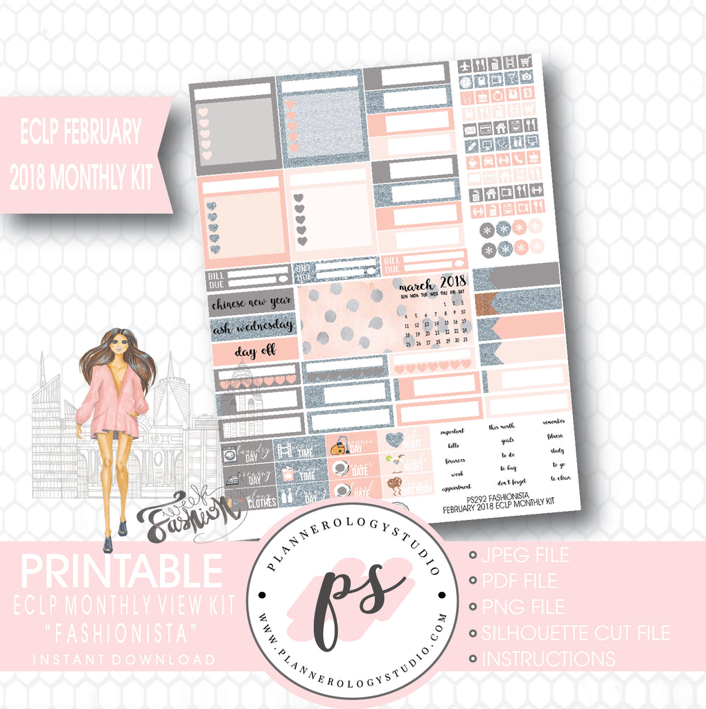 Fashionista February 2018 Monthly View Kit Digital Printable Planner Stickers (for use with ECLP) - Plannerologystudio