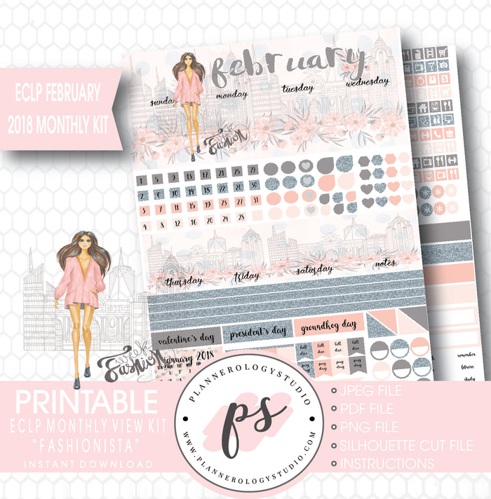 Fashionista February 2018 Monthly View Kit Digital Printable Planner Stickers (for use with ECLP) - Plannerologystudio