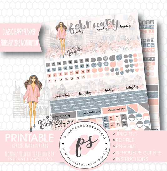 Fashionista February 2018 Monthly View Kit Digital Printable Planner Stickers (for use with Classic Happy Planner) - Plannerologystudio