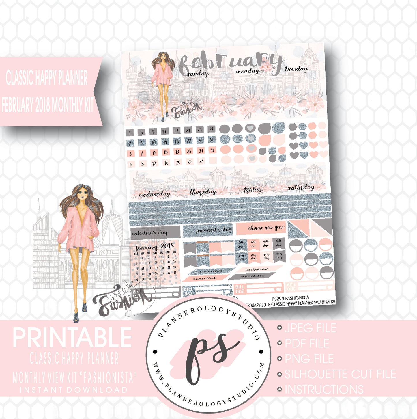 Fashionista February 2018 Monthly View Kit Digital Printable Planner Stickers (for use with Classic Happy Planner) - Plannerologystudio