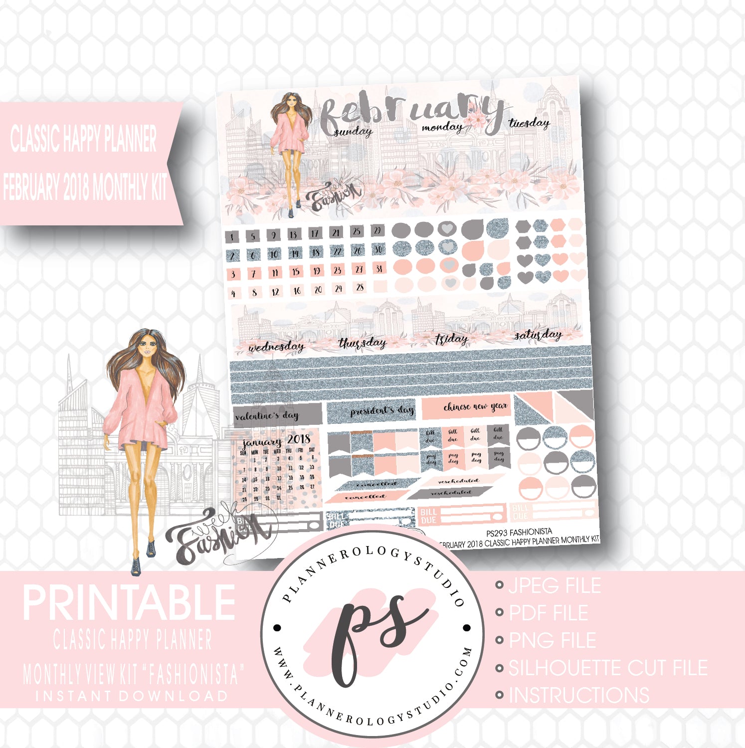 Fashionista February 2018 Monthly View Kit Digital Printable Planner Stickers (for use with Classic Happy Planner) - Plannerologystudio