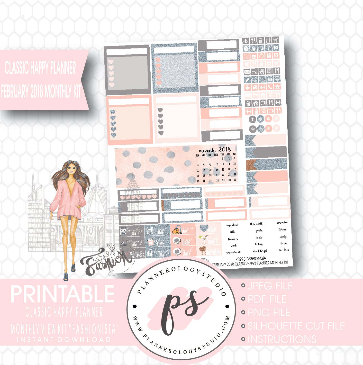 Fashionista February 2018 Monthly View Kit Digital Printable Planner Stickers (for use with Classic Happy Planner) - Plannerologystudio