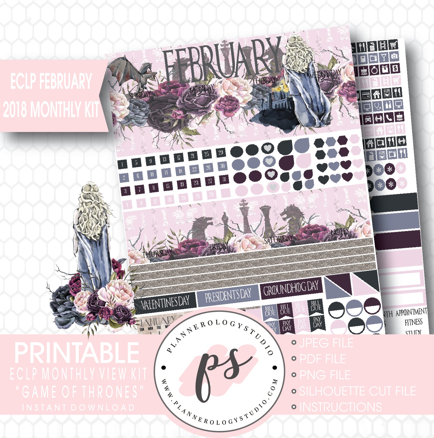 Game of Thrones (GOT) February 2018 Monthly View Kit Digital Printable Planner Stickers (for use with ECLP) - Plannerologystudio