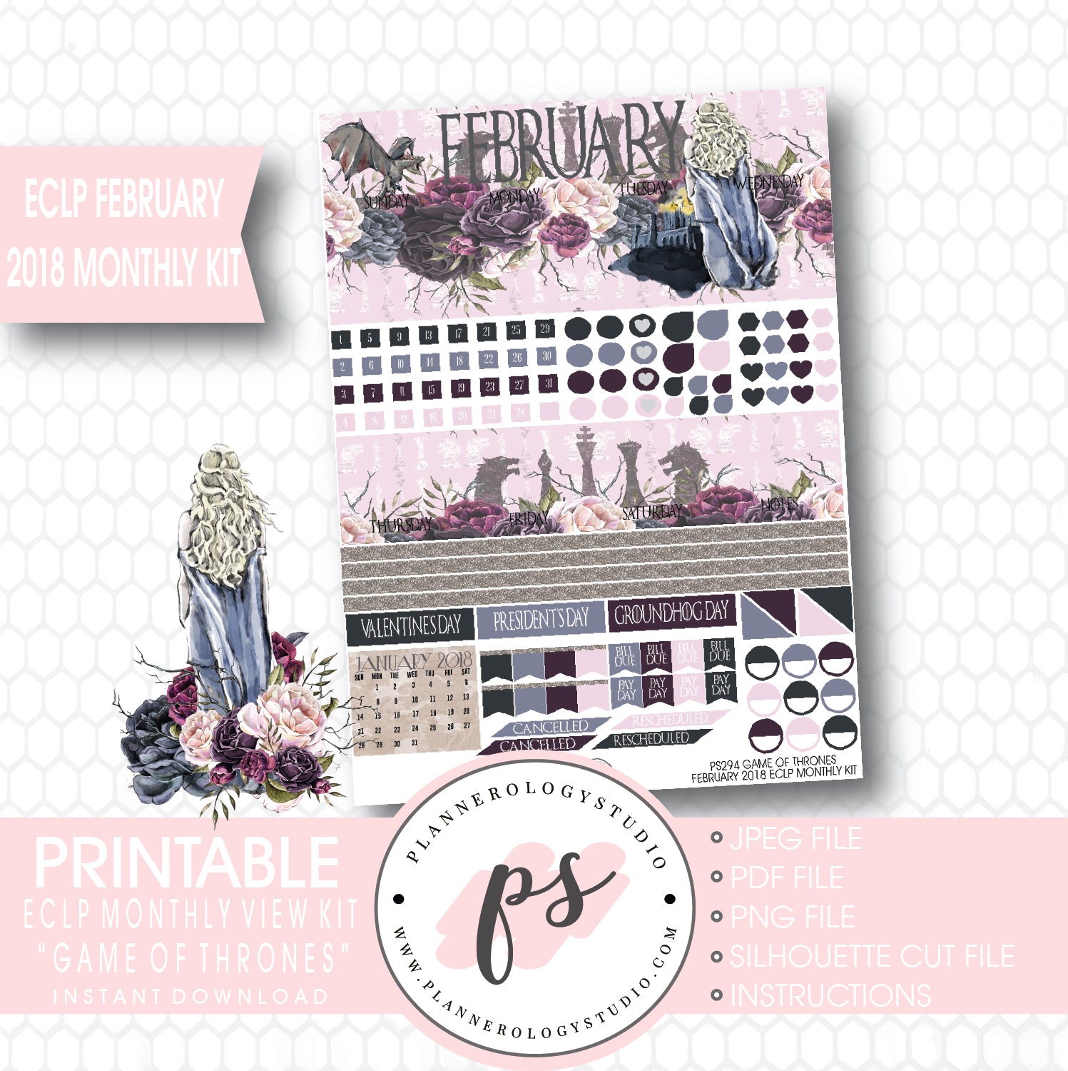 Game of Thrones (GOT) February 2018 Monthly View Kit Digital Printable Planner Stickers (for use with ECLP) - Plannerologystudio
