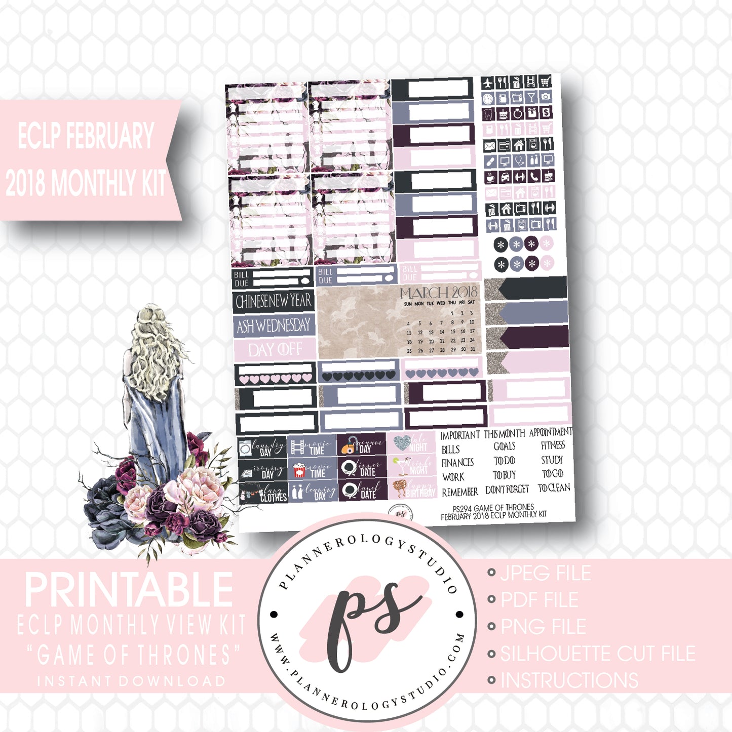 Game of Thrones (GOT) February 2018 Monthly View Kit Digital Printable Planner Stickers (for use with ECLP) - Plannerologystudio