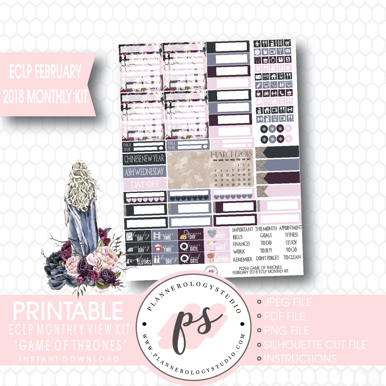 Game of Thrones (GOT) February 2018 Monthly View Kit Digital Printable Planner Stickers (for use with ECLP) - Plannerologystudio