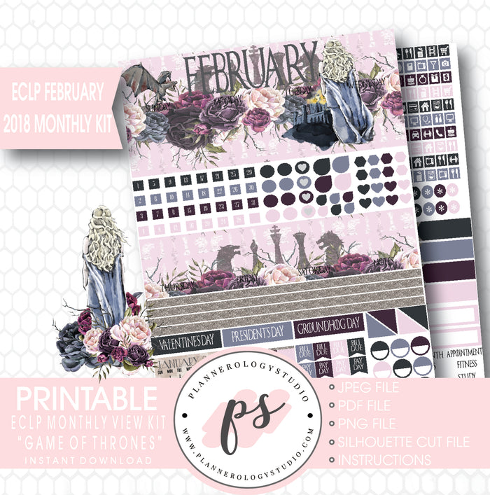 Game of Thrones (GOT) February 2018 Monthly View Kit Digital Printable Planner Stickers (for use with ECLP) - Plannerologystudio