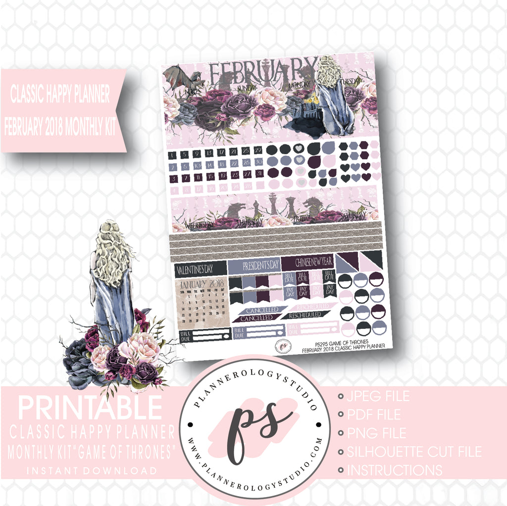 Game of Thrones (GOT) February 2018 Monthly View Kit Digital Printable Planner Stickers (for use with Classic Happy Planner) - Plannerologystudio