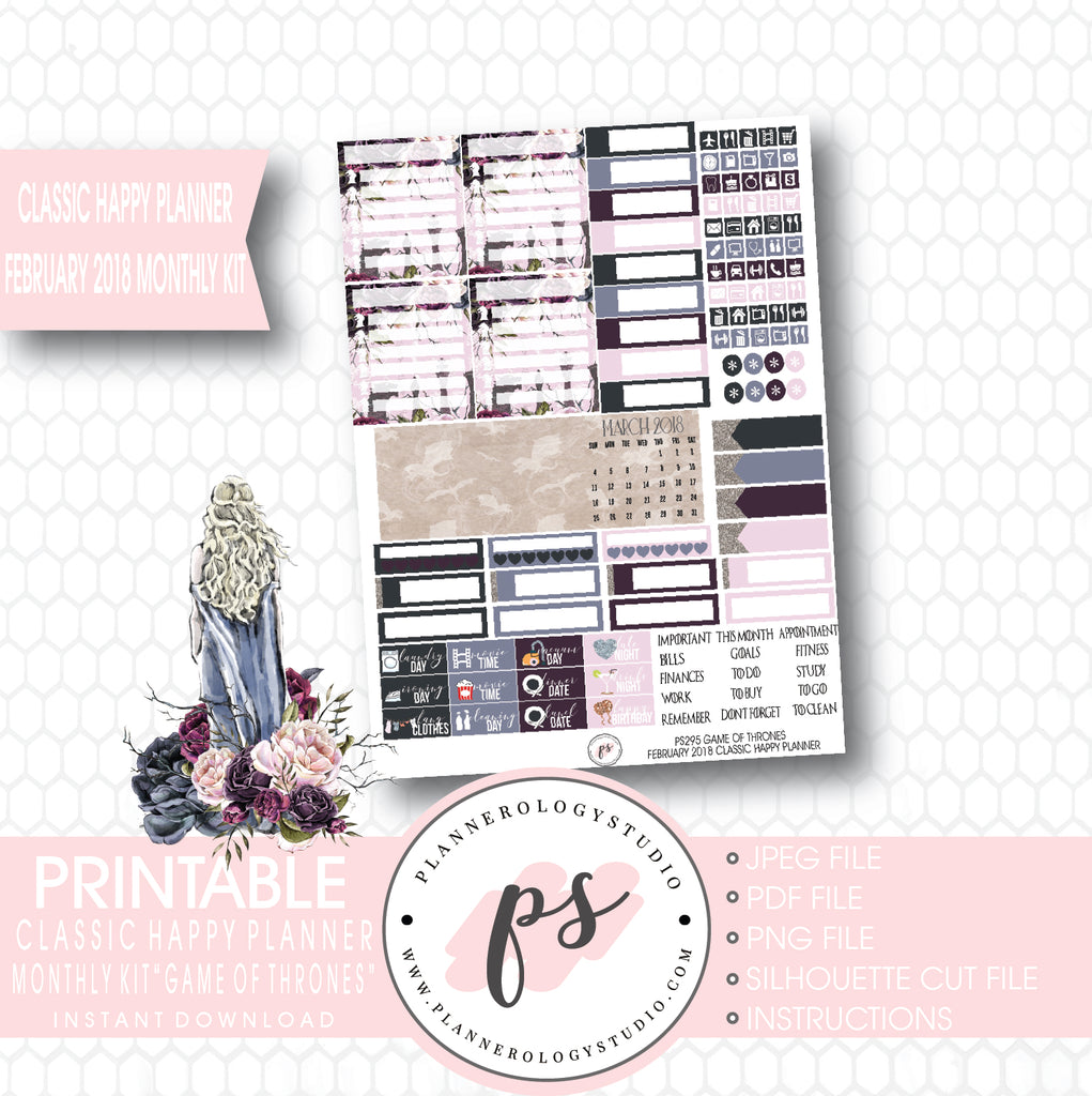 Game of Thrones (GOT) February 2018 Monthly View Kit Digital Printable Planner Stickers (for use with Classic Happy Planner) - Plannerologystudio