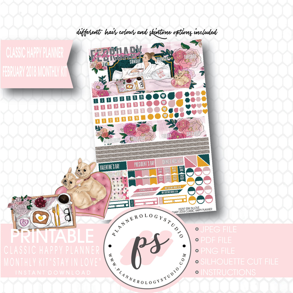 Stay in Love February 2018 Monthly View Kit Digital Printable Planner Stickers (for use with Classic Happy Planner) - Plannerologystudio