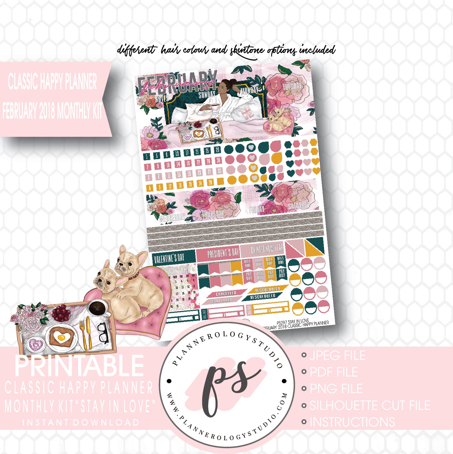 Stay in Love February 2018 Monthly View Kit Digital Printable Planner Stickers (for use with Classic Happy Planner) - Plannerologystudio