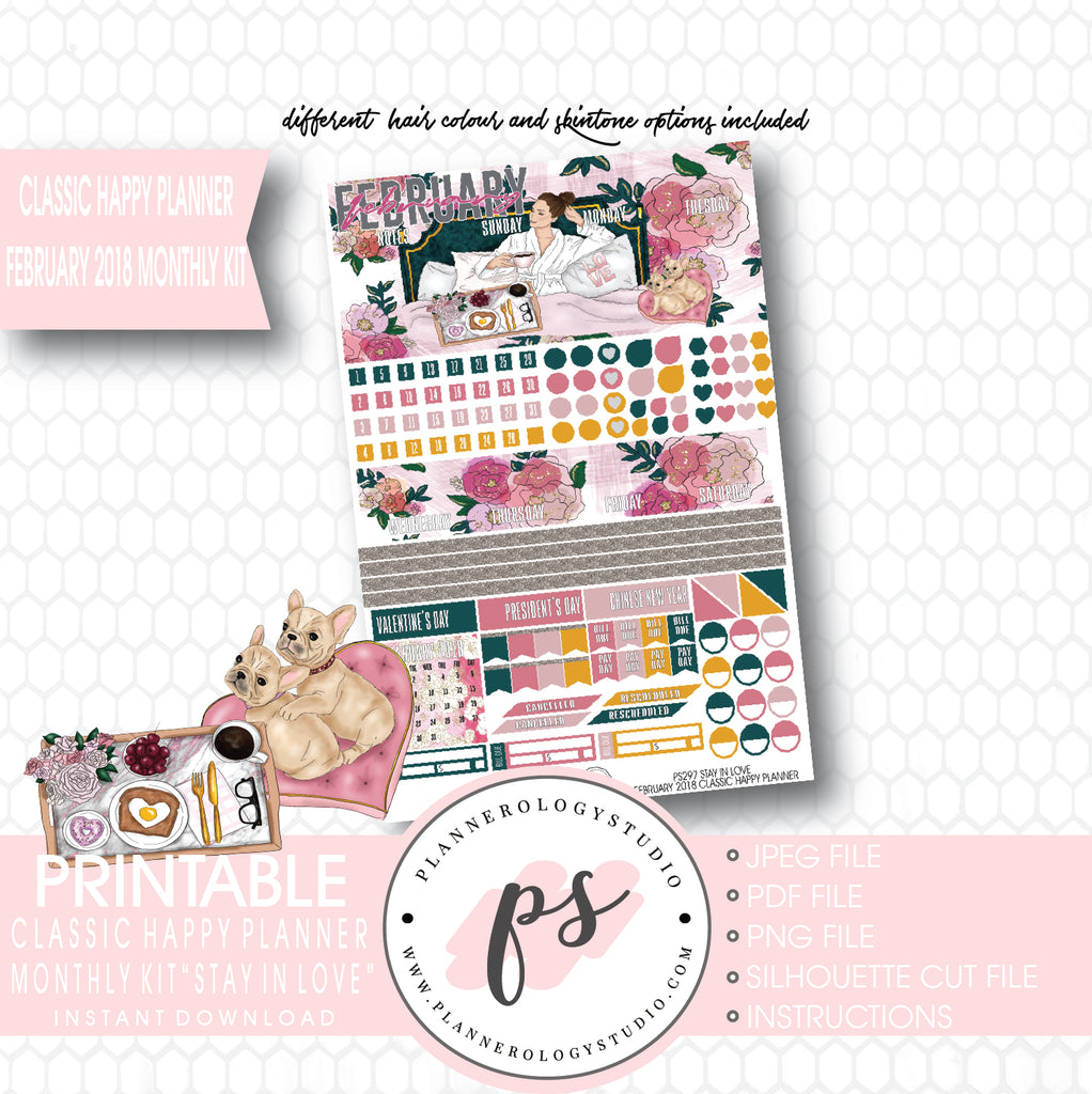 Stay in Love February 2018 Monthly View Kit Digital Printable Planner Stickers (for use with Classic Happy Planner) - Plannerologystudio