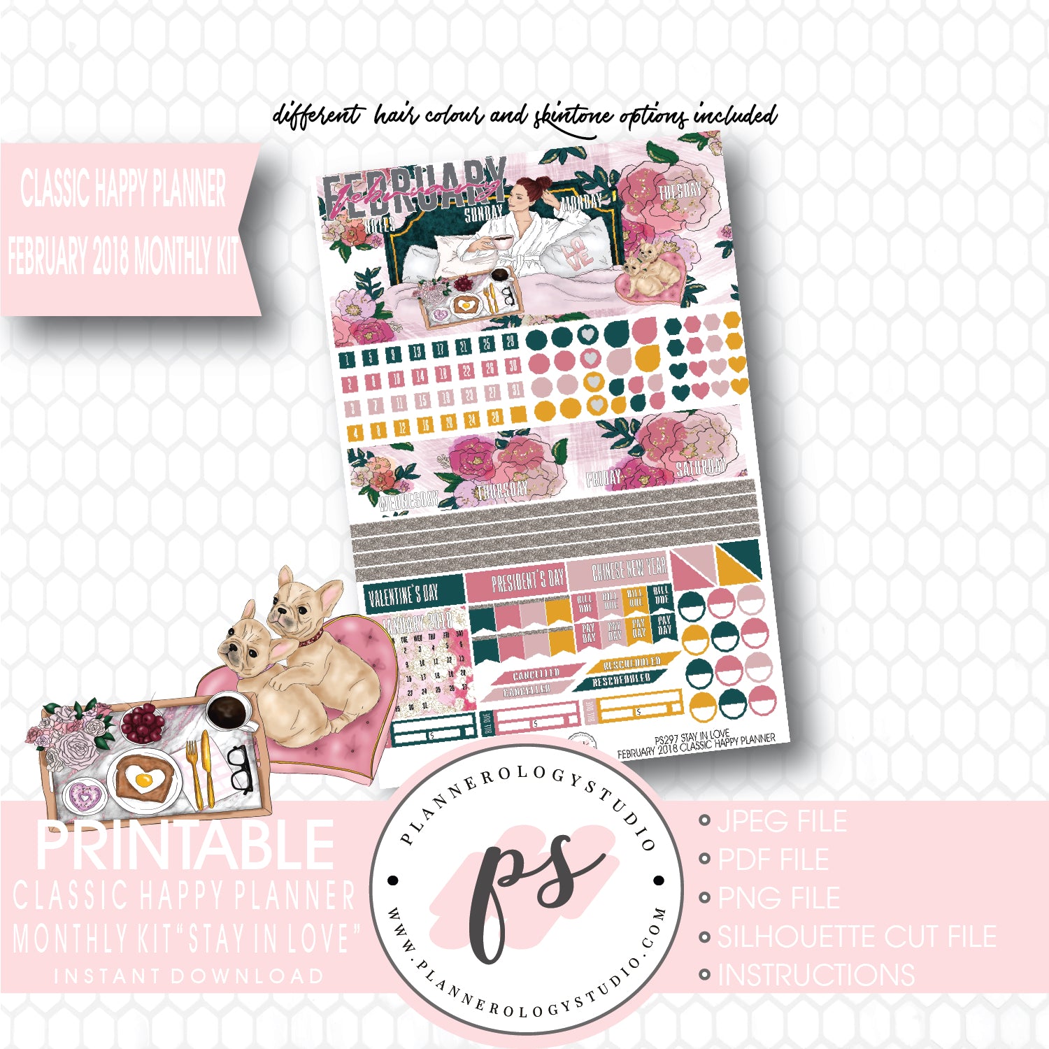 Stay in Love February 2018 Monthly View Kit Digital Printable Planner Stickers (for use with Classic Happy Planner) - Plannerologystudio