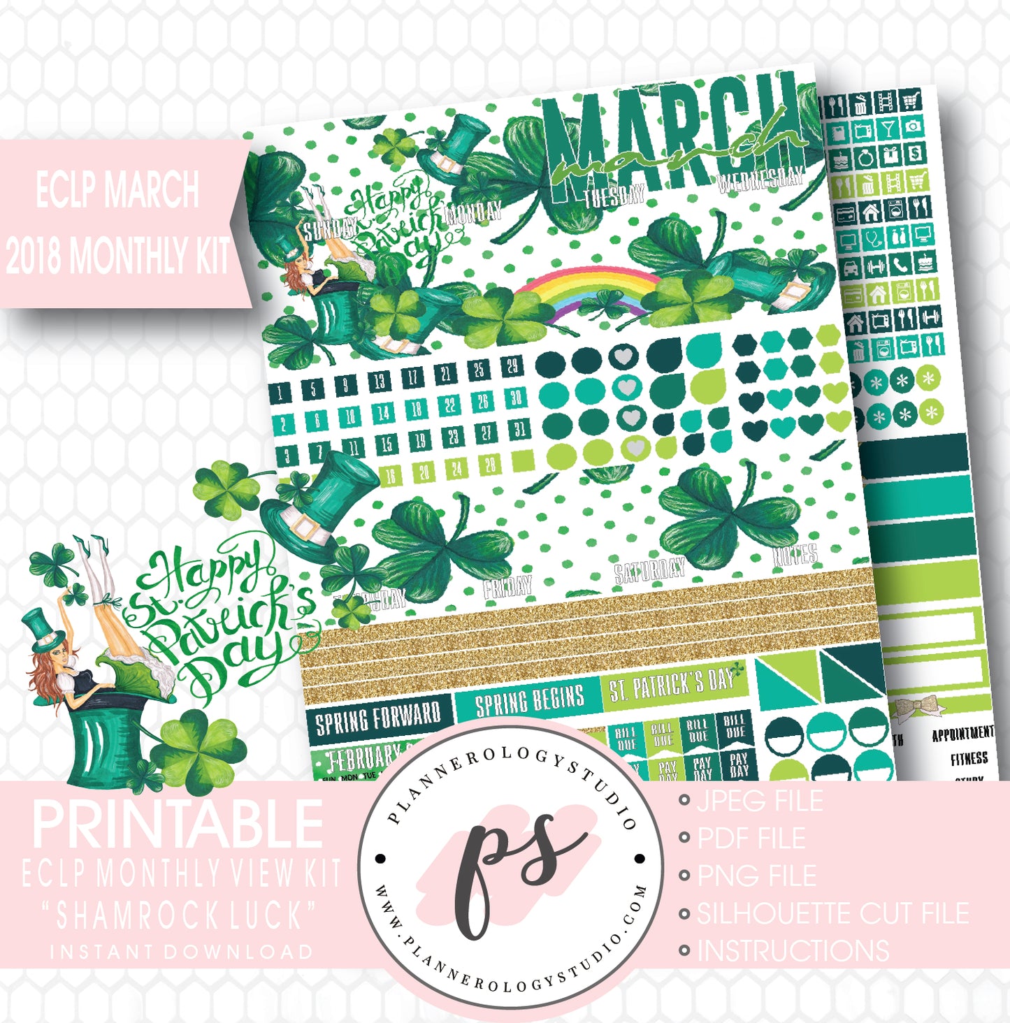 Shamrock Luck St Patrick's Day March 2018 Monthly View Kit Digital Printable Planner Stickers (for use with ECLP) - Plannerologystudio