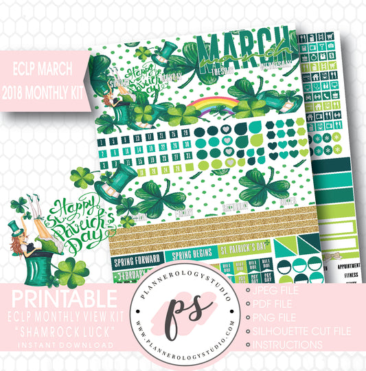 Shamrock Luck St Patrick's Day March 2018 Monthly View Kit Digital Printable Planner Stickers (for use with ECLP) - Plannerologystudio