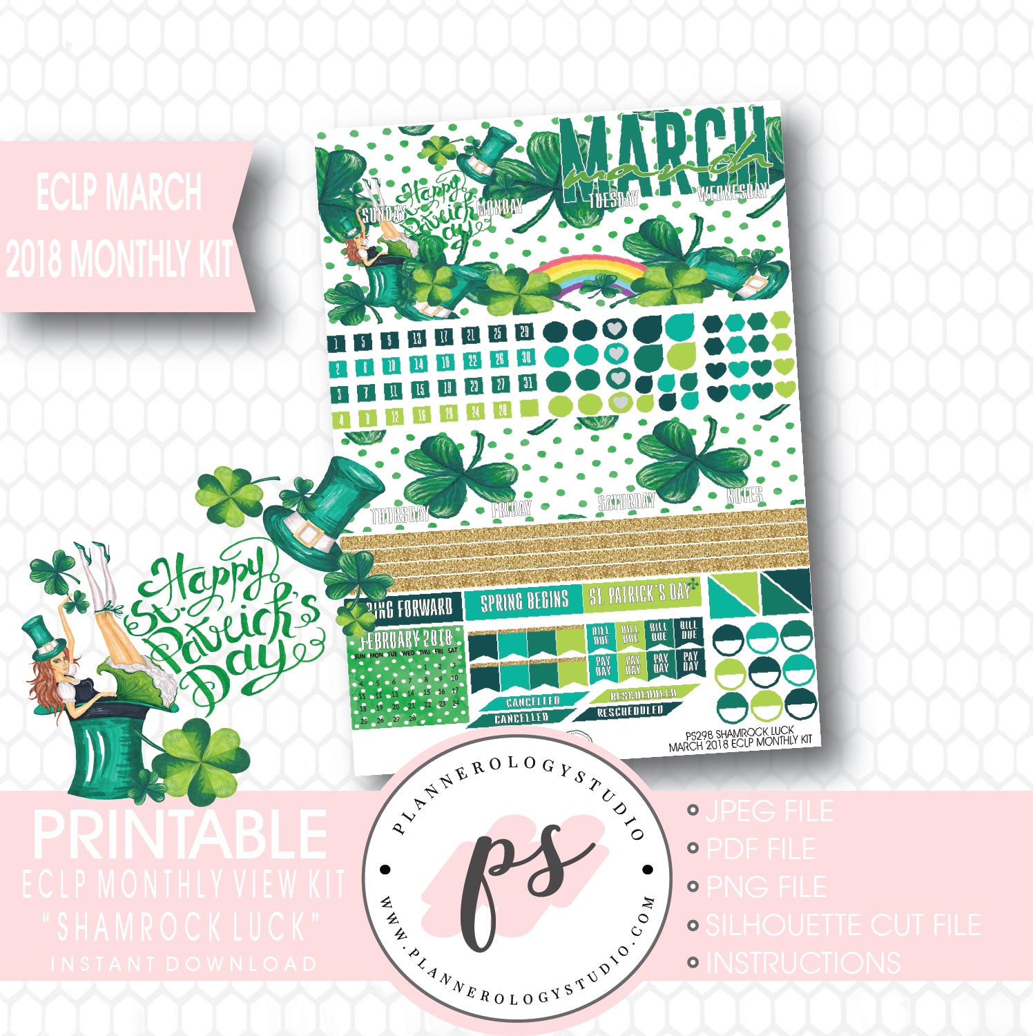 Shamrock Luck St Patrick's Day March 2018 Monthly View Kit Digital Printable Planner Stickers (for use with ECLP) - Plannerologystudio